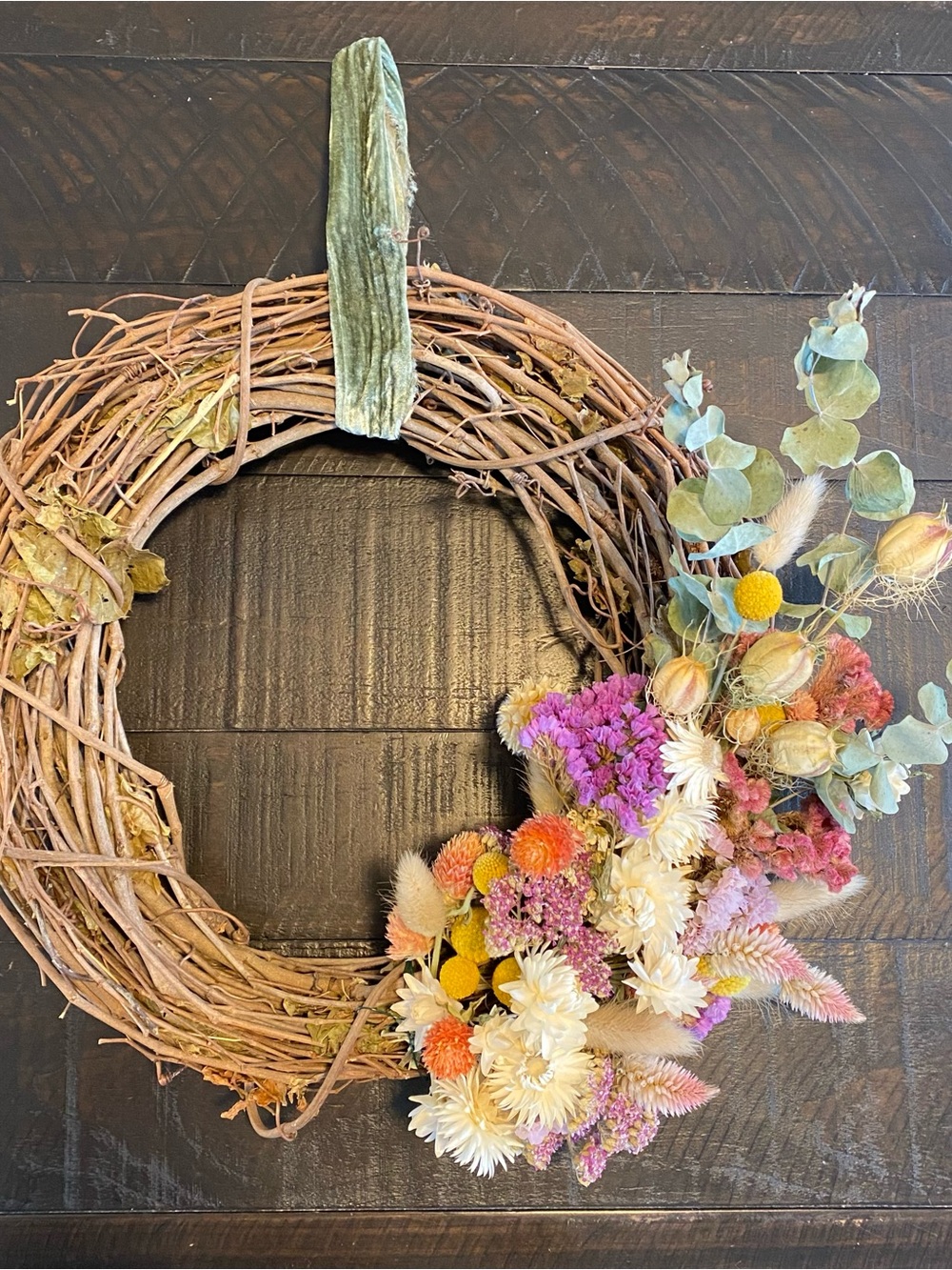 Grapevine Wreath with Pink, Yellow & Cream Dried Flowers